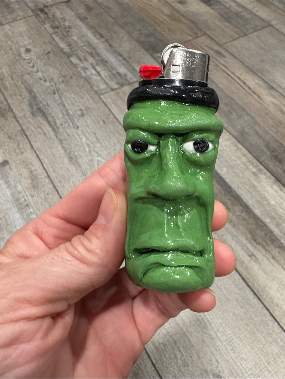 Handcrafted Green Monster Face Lighter Cover - Reusable